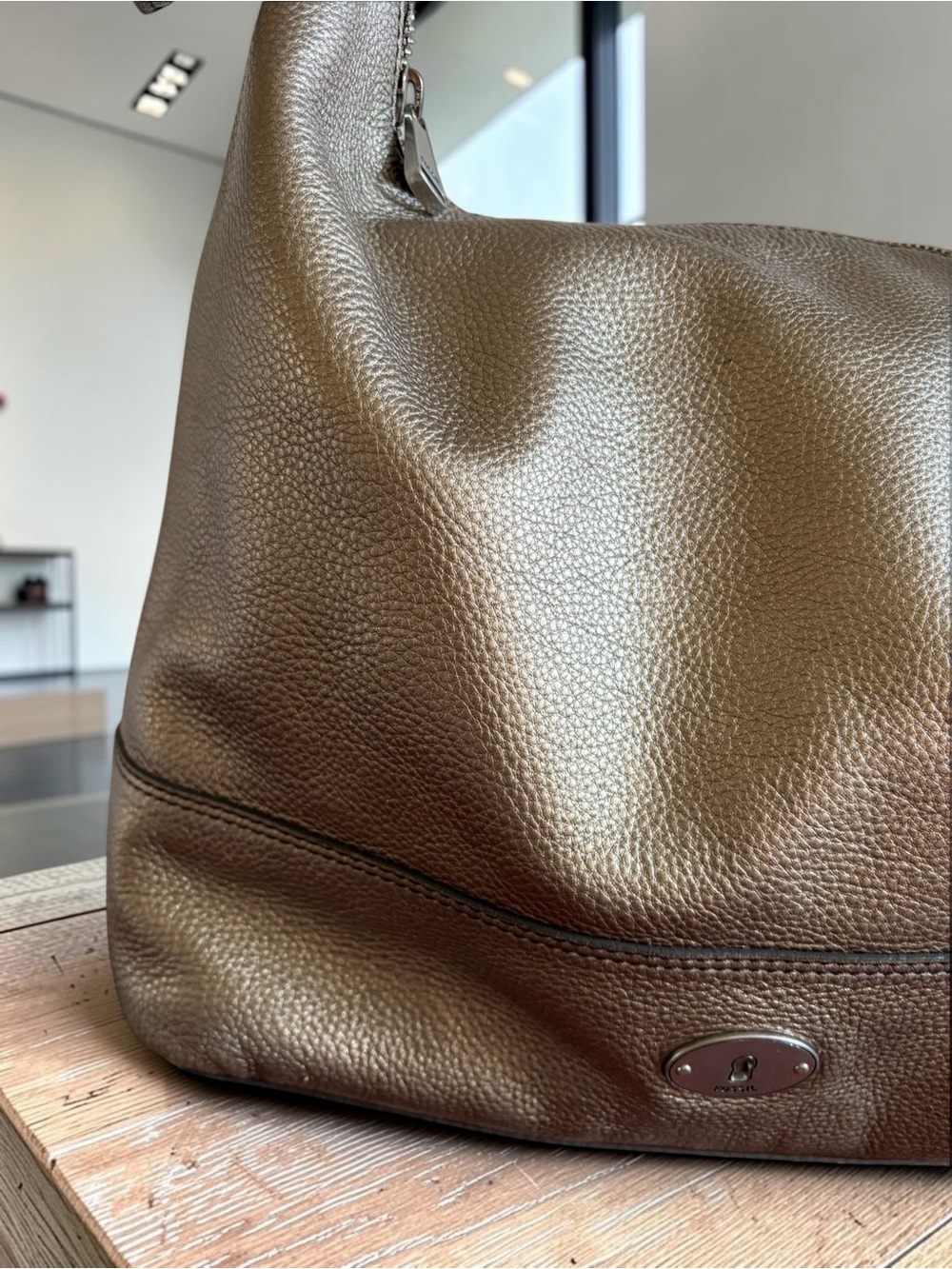Fossil Metallic Bronze Gold Pebbled Leather Shoulder Hobo - Picture 7 of 15